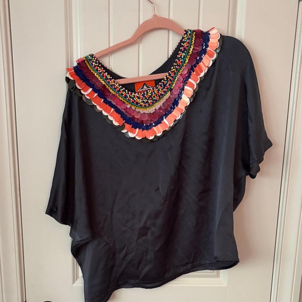 Chic Black Blouse with Colorful Embellishments